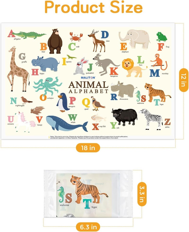 Maliton Disposable Placemats for Baby & Toddlers - Individually Wrapped 32 Pack Stick on Placemat Waterproof Baby Placemats for Dining Table, Travel, Restaurants, Animal Alphabet Designs (12x18 Inch) - Image 3